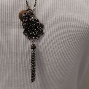 Lucky Brand Boho Chic Flower Rhinestone Cross Tasseled Necklace Vintage 90s